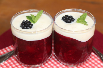 Rote Grütze mit Vanillesauce im Glas