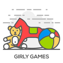 Girly Games Flat Line Concept Vector Illustration.