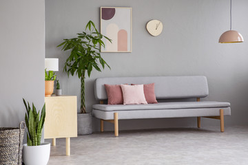 Poster and clock above grey couch in apartment interior with plants and pink lamp. Real photo