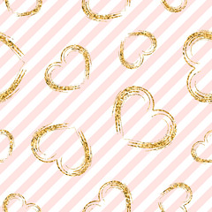 Gold heart seamless pattern. Pink-white geometric stripes, golden grunge confetti-hearts. Symbol of love, Valentine day holiday. Design wallpaper, background, fabric texture. Vector illustration