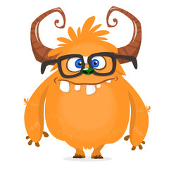 Nerdy happy cartoon monster character wearing eyeglasses. Halloween vector orange and horned monster. Design for emblem or sticker © drawkman