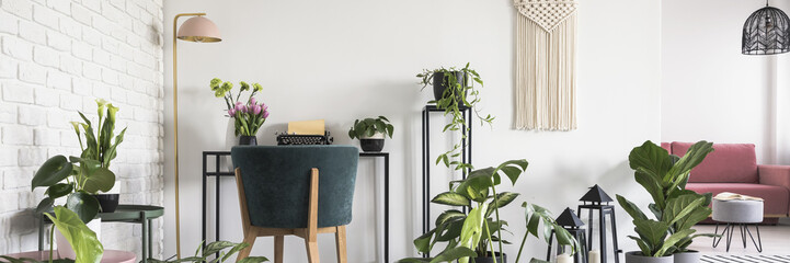 Real photo of desk with typewriter and fresh flowers standing in white Scandi open space flat interior with green plants and pastel pink lamp - obrazy, fototapety, plakaty