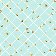 Gold heart seamless pattern. Blue-white geometric decoration, golden confetti-hearts. Symbol of love, Valentine day holiday. Design wallpaper, background, fabric texture. Vector illustration