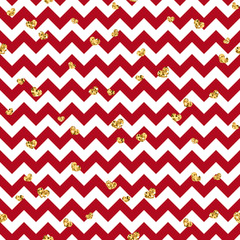 Gold heart seamless pattern. Red-white geometric zig zag, golden confetti-hearts. Symbol of love, Valentine day holiday. Zigzag design wallpaper, background, texture. Vector illustration