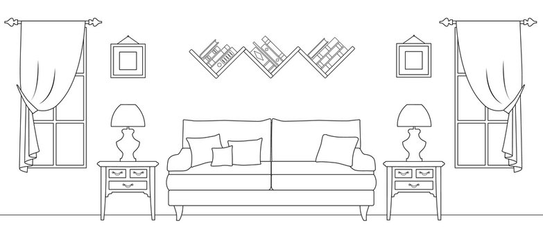 Interior layout of the living room. Vector room plan. Linear style.