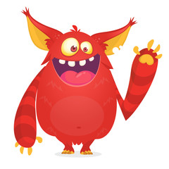 Happy cartoon monster mascot. Halloween vector red alien waving