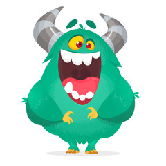 Happy cartoon monster. Laughing monster face emotion. Halloween vector illustration
