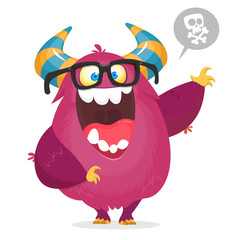 Cartoon smart monster nerd wearing glasses. Vector illustration of excited monster character waving isolated