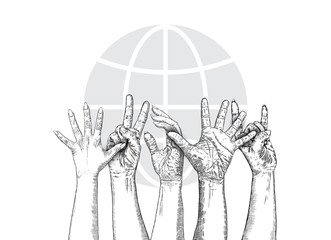 Multiracial fists hands up. Concept of yes you can, unity, revolution, fight, cooperation. Ink design. Creative symbol of teamwork with space for your text. Vector.