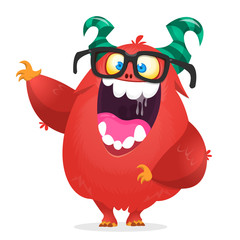 Vector cartoon of a red fat and fluffy Halloween monster with big ears wearing glasses. Funny troll or gremlin character