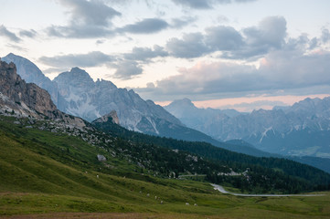 Landscape shot at the Passo di Giau, in the the Italian Dolomites, during the Golden Hour.