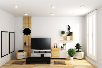 TV in modern white empty room interior minimal designs - Japanese style. 3d rendering
