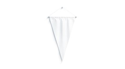 Blank white triangular pennant mock up, isolated, 3d rendering. Clear penant hanging on wall mockup, front view. Empty flag template