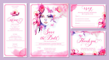 Set of wedding invitation card templates - watercolor beautiful woman and pink orchid flowers © lumitar