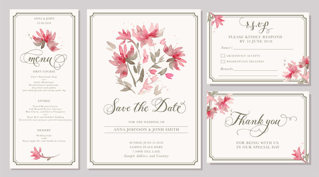 Set of wedding invitation card templates with watercolor stylized pink dahlia
