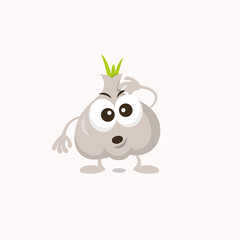 Illustration of cute garlic thinking mascot isolated on light background. Flat design style for your mascot branding.