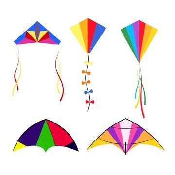 Set of colored colorful kites on white background. Subjects of hobbies and summer holidays. Vector illustration
