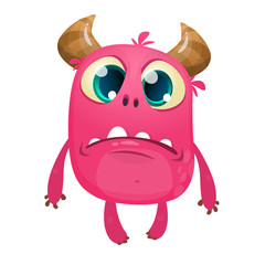 Cartoon pink horned grumpy monster. Vector illustration of cute sad monster character