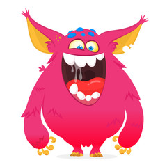 Fototapeta premium Happy cartoon monster. Vector Halloween pink furry monster
