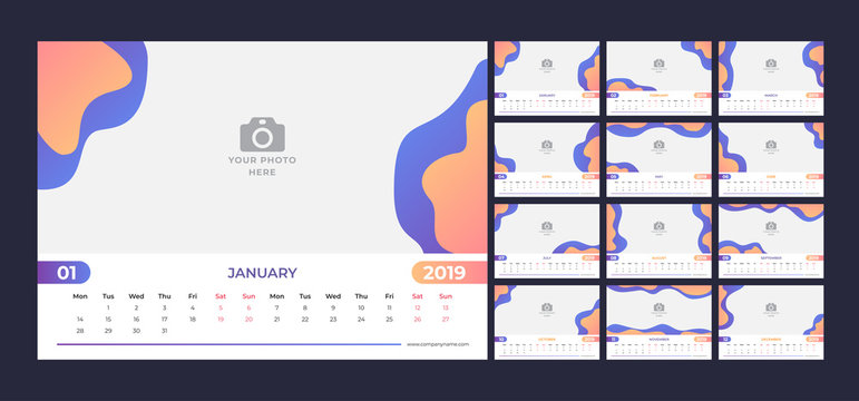 Calendar design for 2019. Simple blue and orange background. Week starts on Monday. Set of 12 calendar pages vector design print template with place for photo. 