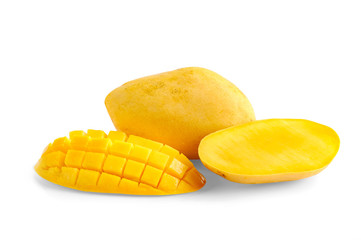 Ripe yellow carabao mango with cube sliced one on white background