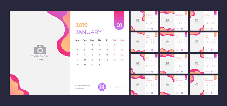 Calendar design for 2019. Simple red and orange background. Week starts on Monday. Set of 12 calendar pages vector design print template with place for photo. 