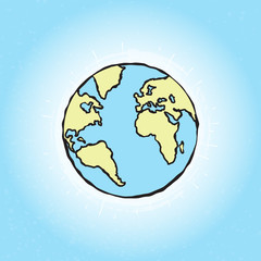 Globe icon earth planet shining in blue space with sun rays, global world sign, Earth day symbol. Vector.