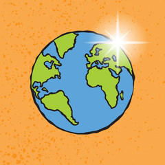 Earth illustration cartoon with sun or morning star behind. Globe orb round hemisphere shape sketch in color isolated on orange. Religious concept. Vector.