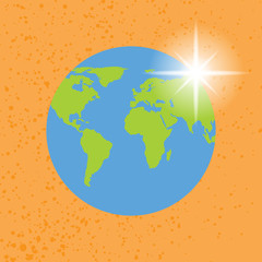 Earth illustration cartoon with sun or morning star behind. Globe orb round hemisphere shape sketch in color isolated on orange. Religious concept. Vector.