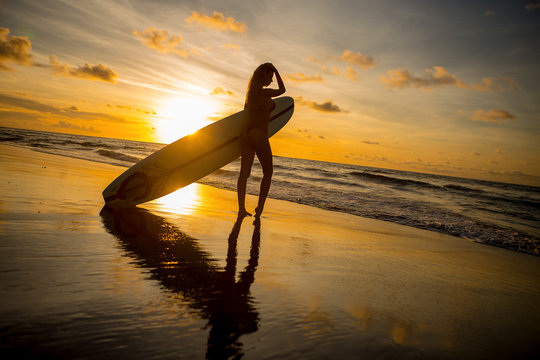 Young Fit Surfer Woman In Sexy Red Bikini With Blank Surfing Longboard Walk In Water At Sunset Ocean. Modern Family Lifestyle, People Water Sport Adventure Camp And Extreme Swim On Summer Vacation.