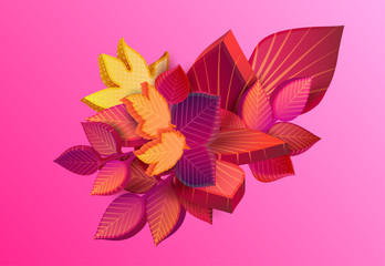 Autumn pink background with beautiful 3d leaves.