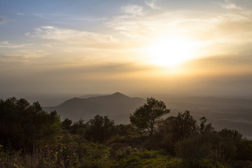 Sunset over the landscape of the mountain range