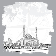 Hand drawn sketch of Mosque with skyscrapers in Dubai Marina district, UAE. Illustration, vector.