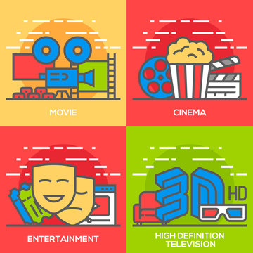 Movie, Entertainment, Cinema and High Definition Television Flat Line Concept Illustration.