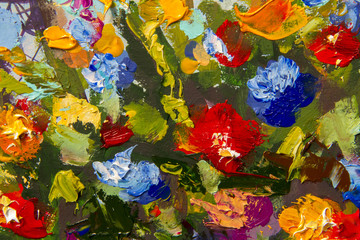 Fototapeta na wymiar Original handmade abstract oil painting bright flowers made palette knife. Red, yellow, blue, purple abstract flowers. Macro impasto painting.