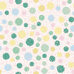 Vector seamless abstract polka dot pattern background with colorful hand drawn polka dots and terrazzo confetti texture. Perfect for textile, kids, stationery, packaging, wrapping paper