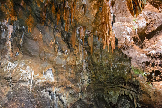 Rock formations of stalactites and stalagmites inside the cave of "Su Mannau" in Fluminimaggiore in Sardinia, Italy.
