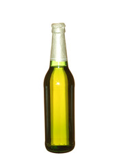 Sealed beer bottle from green glass without label isolated on white background.
