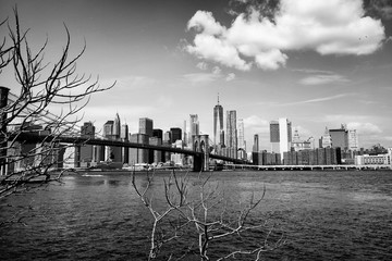 Brooklyn bridge with New York City skyline panoramic spring view in black and white. Lower Manhattan downtown scenery from Brooklyn Bridge Park riverbank in Dumbo district, NYC, USA.