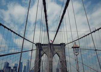 Brooklyn bridge with New York City skyline panoramic spring view. Lower Manhattan downtown scenery, NYC, USA.