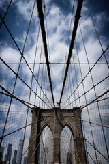 Brooklyn bridge with New York City skyline panoramic spring view. Lower Manhattan downtown scenery, NYC, USA.