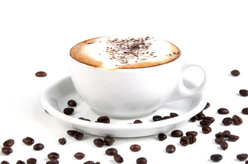 Full cup of hot aromatic coffee on saucer with spoon. Good Morning Coffee Isolated on white background