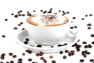 Full cup of hot aromatic coffee on saucer with spoon. Good Morning Coffee Isolated on white background