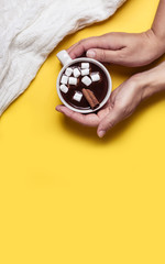 Fototapeta na wymiar Female hands hold a thick hot chocolate cup