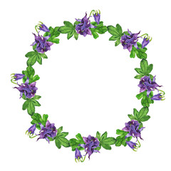 Violet flower and fresh green leaves round frame isolated on white background. Hand drawn watercolor illustration.
