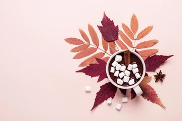 Crédence de cuisine en verre imprimé Chocolat Tasse épaisse de chocolat chaud avec de la guimauve sur les feuilles d& 39 automne