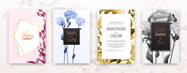 Wedding invitation frame set; flowers, leaves, watercolor, minimal vector. Sketched wreath, floral and herbs garland with rose, green, greenery color. Handdrawn Vector Watercolour style, nature art.