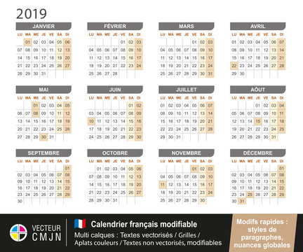 Calendrier français 2019 modifiable