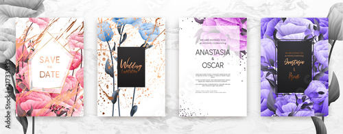 Wedding invitation frame set; flowers, leaves, watercolor, minimal vector. Sketched wreath, floral and herbs garland with rose, green, greenery color. Handdrawn Vector Watercolour style, nature art.