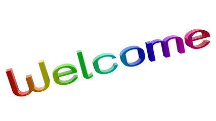 Welcome Word 3D Rendered Text With Elegant Font Illustration Colored With RGB Rainbow Gradient, Isolated On White Background ..